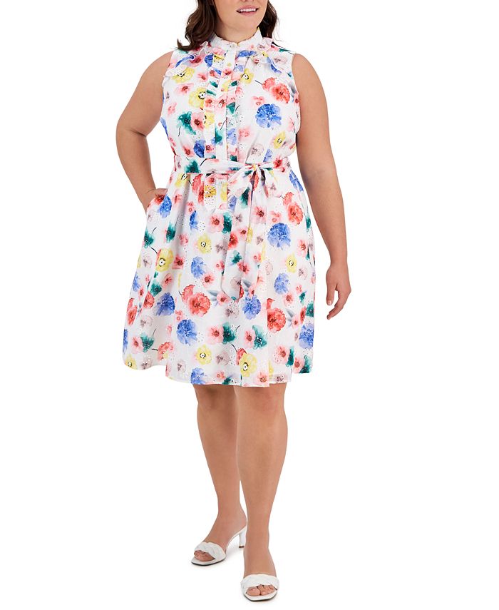 Tahari Plus Size Sleeveless Floral Eyelet Shirtdress - Macy's