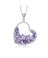 Sterling Silver with White Gold Plating Purple Oval with Clear Round Cubic Zirconia Open Heart Necklace - Purple