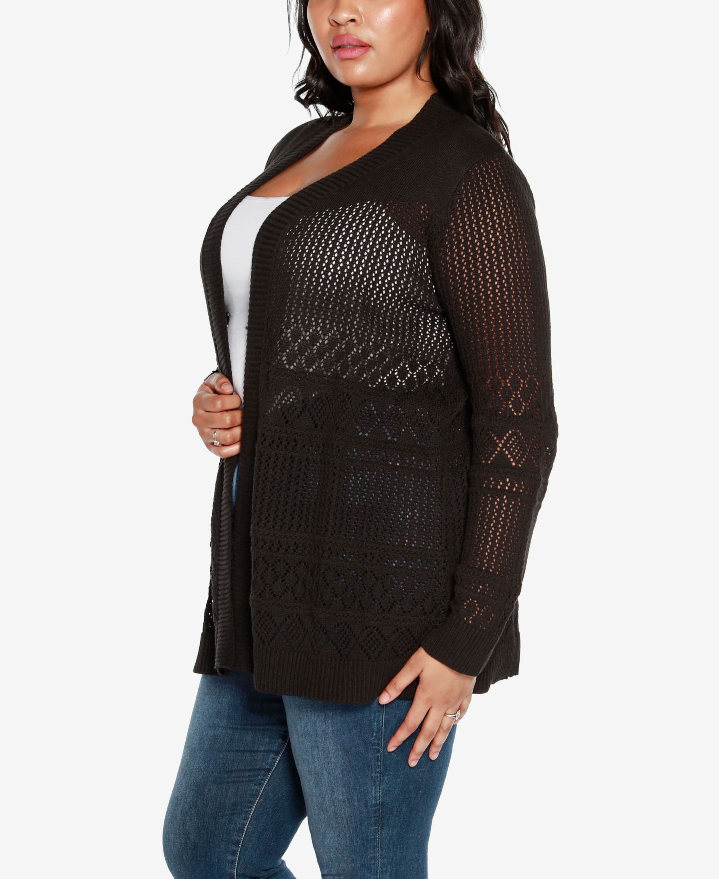 Женский кардиган Belldini Plus Size Pointelle Open Cardigan, цвет: Чёрный — фото 3