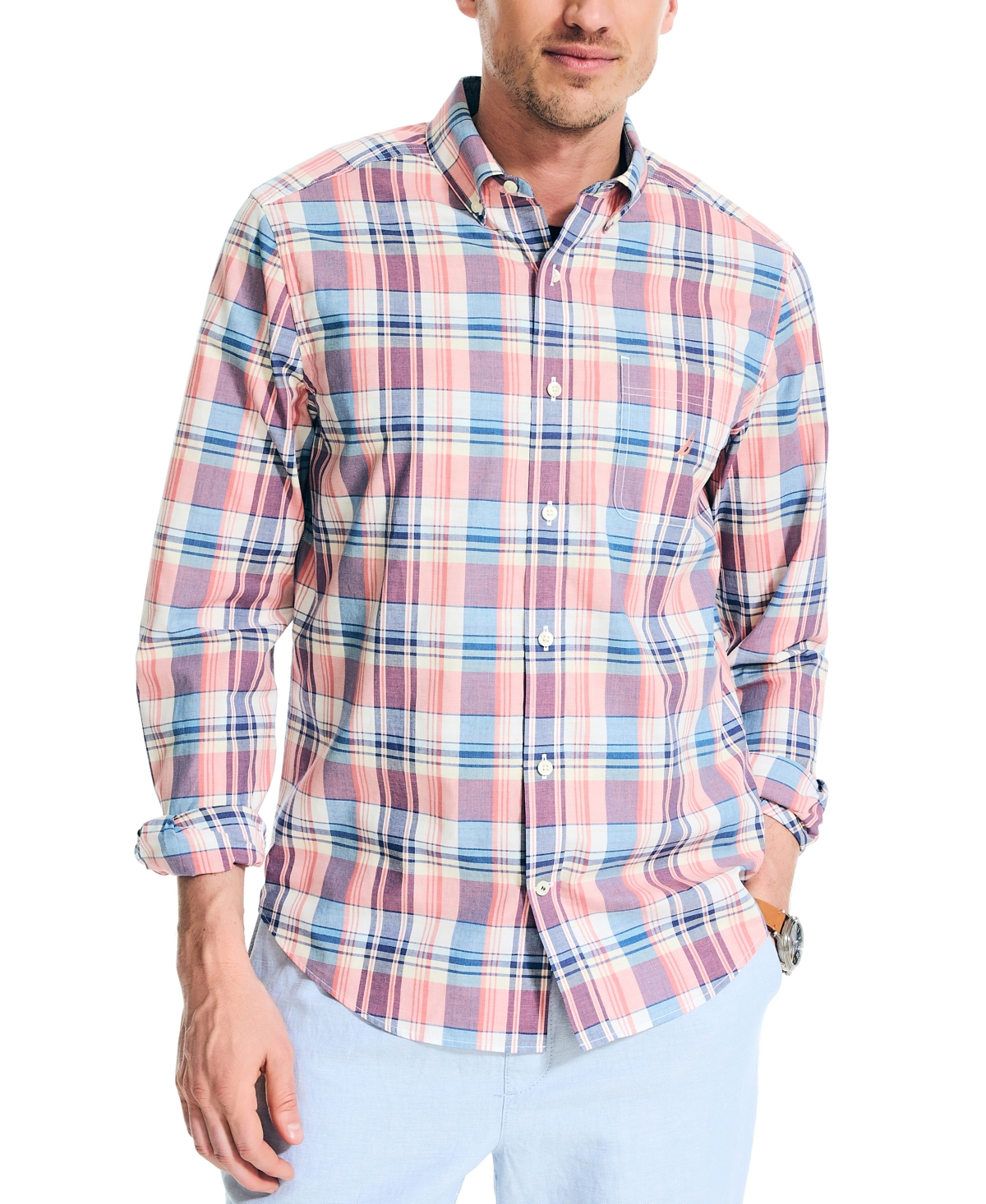Nautica Men's Classic-fit Plaid Button-down Poplin Shirt In Teaberry