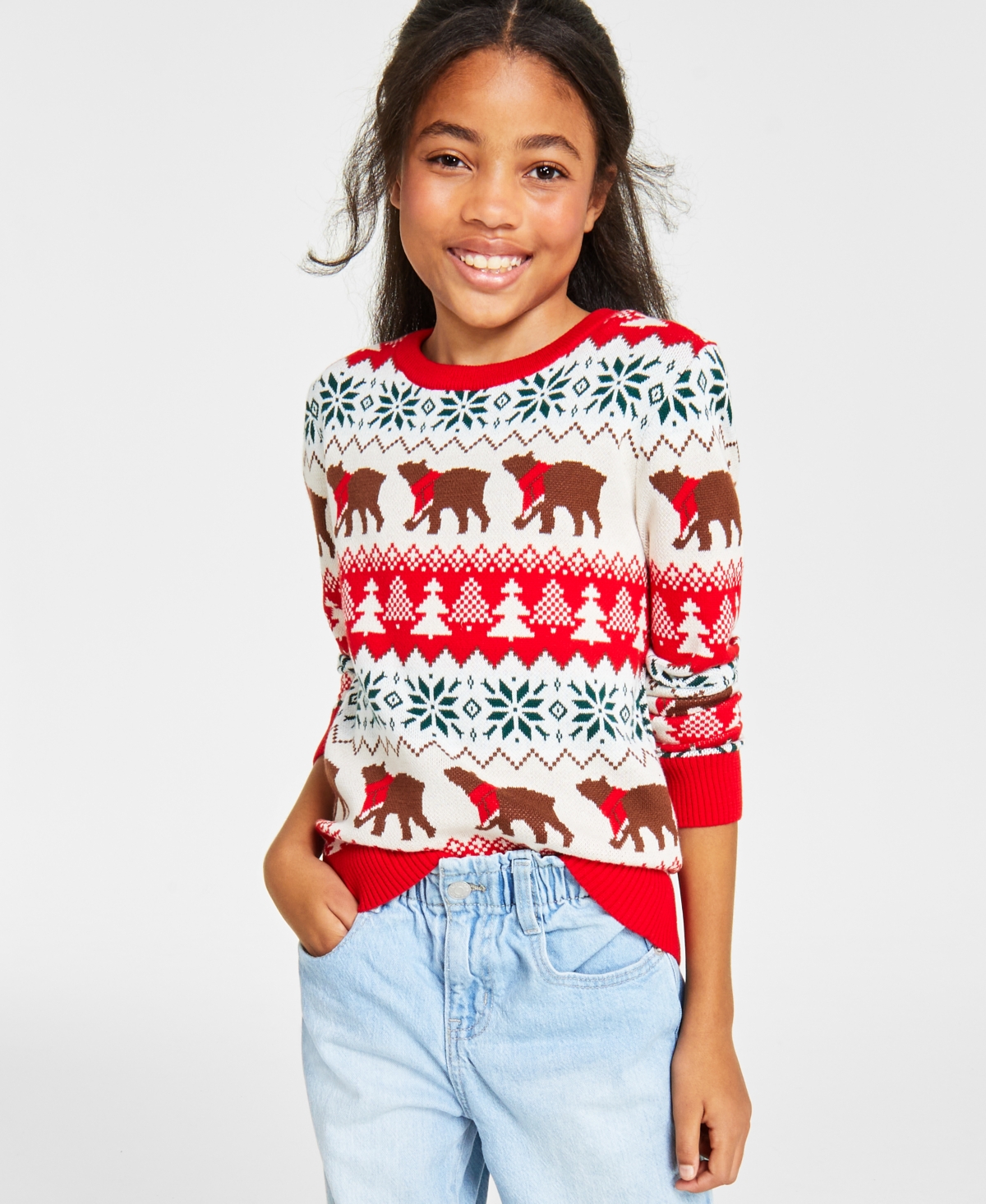 Charter Club Holiday Lane Big Girls Santa Bear Sweater, Created For Macy's In Ravishing Red Combo