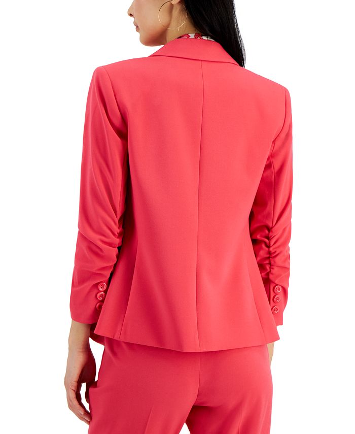 T-Tahari Vegan Leather Ruched Sleeve Blazer