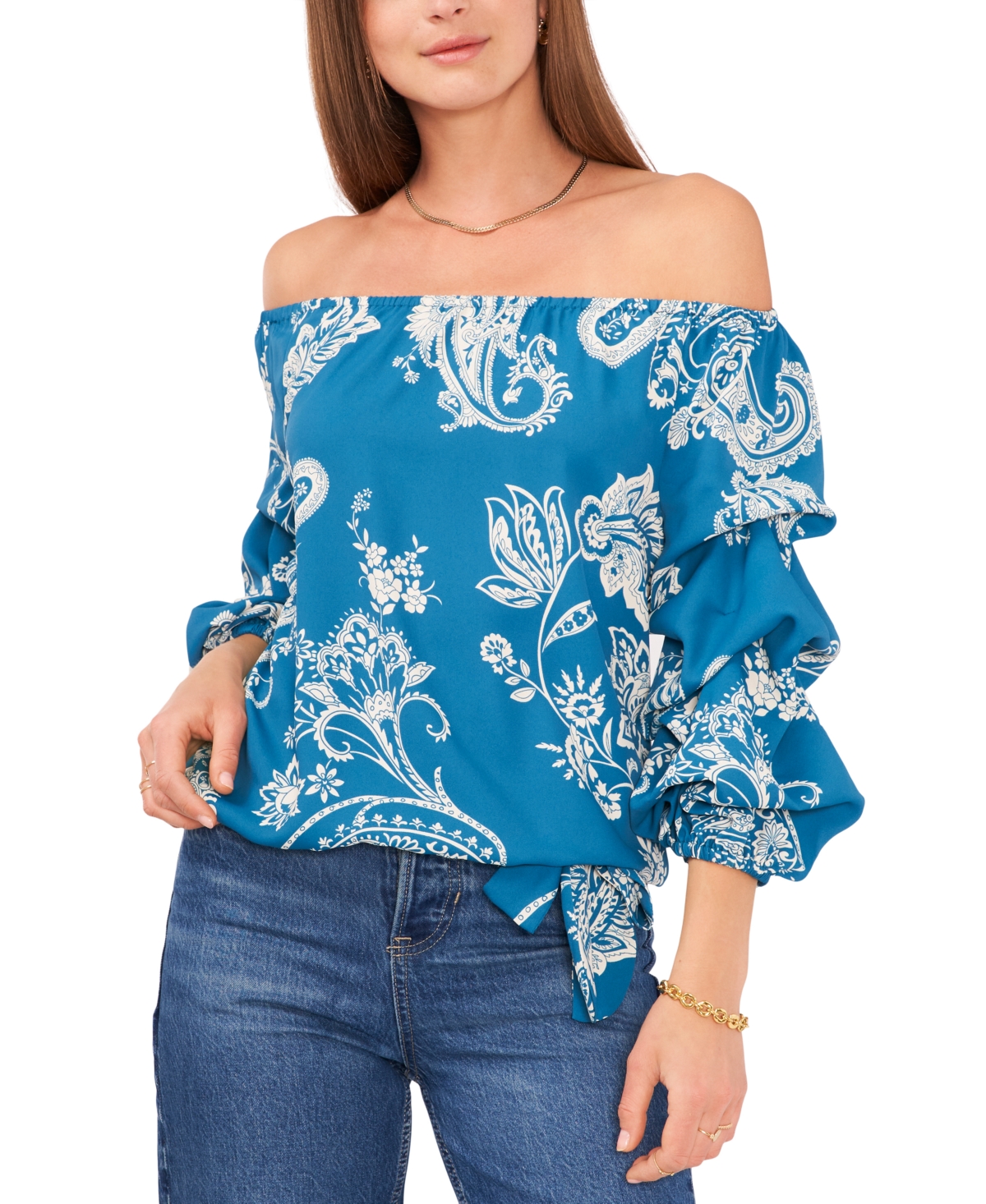 Vince Camuto Women's Bubble Sleeve Blooming Paisley Blouse In Teal Waters