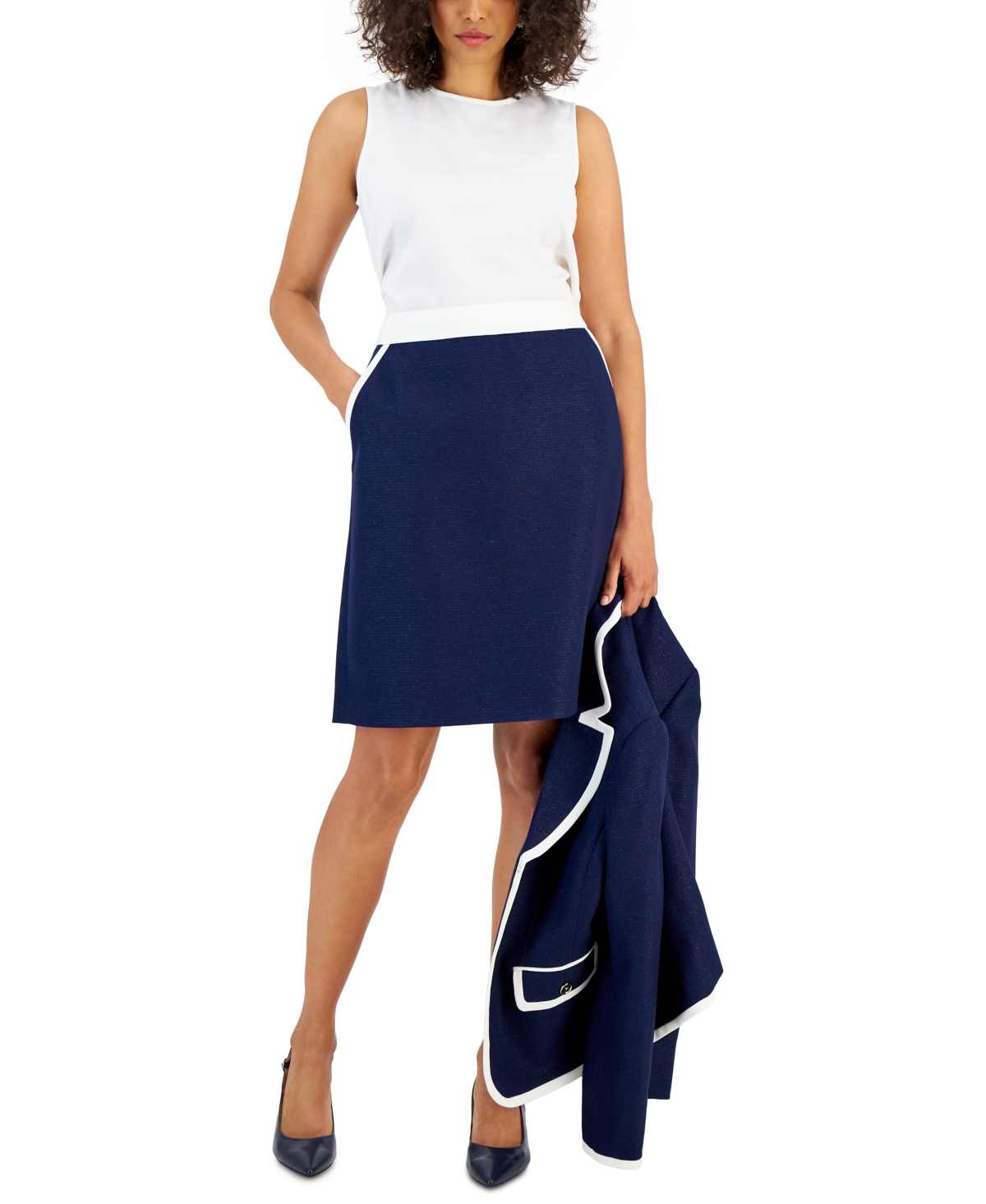 Nipon Boutique Women's Sparkle Contrast-Trim Jacket & Pencil Skirt Suit -Vanilla Ice