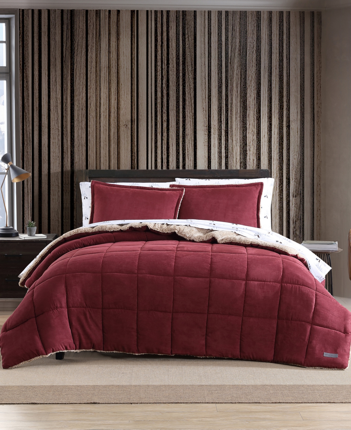 Eddie Bauer Sherwood Reversible Micro-suede Sherpa Comforter Set, Twin In Dusty Red