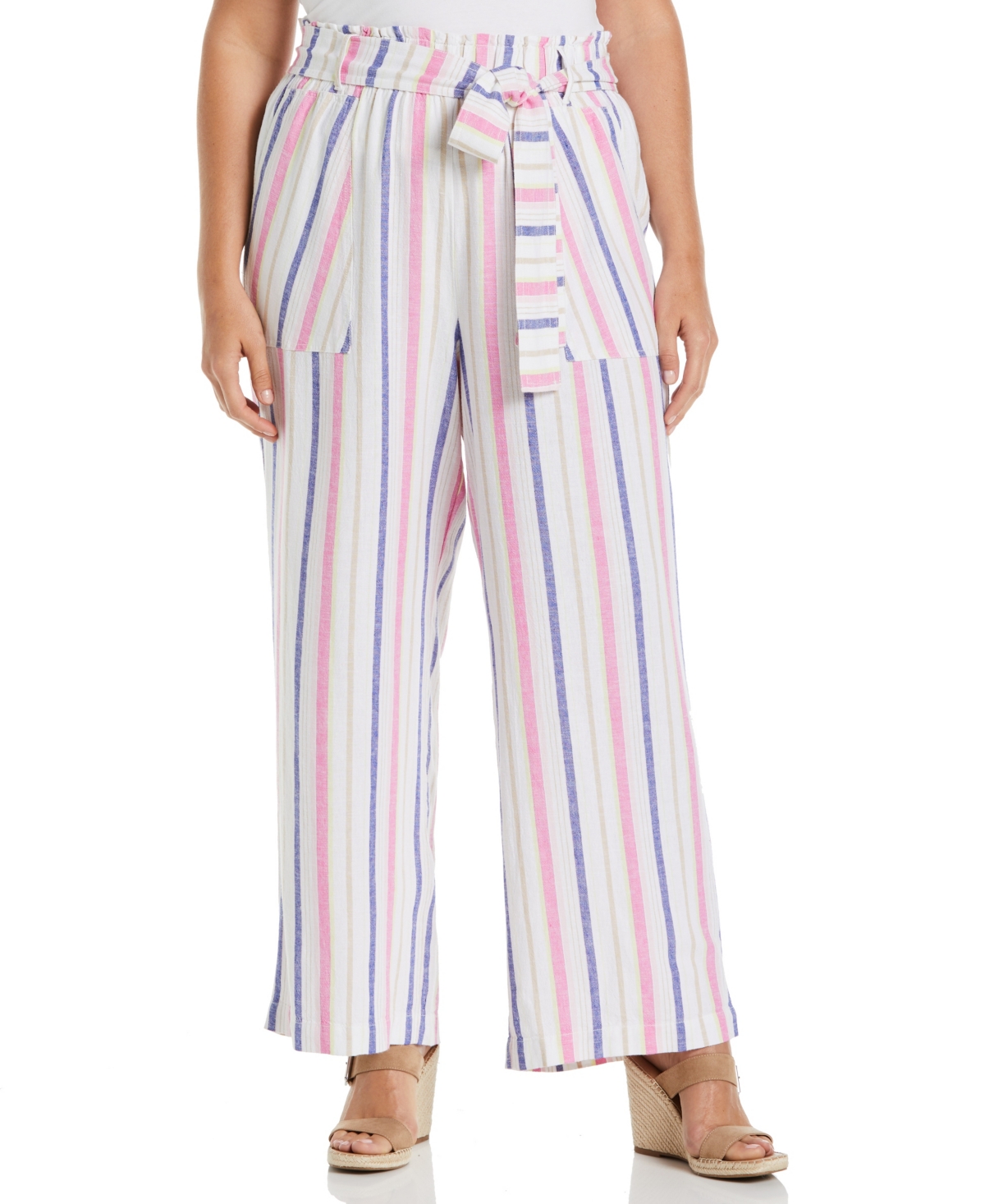 Ella Rafaella Plus Size Stripe Wide Leg Linen Blend Paper Bag Pants