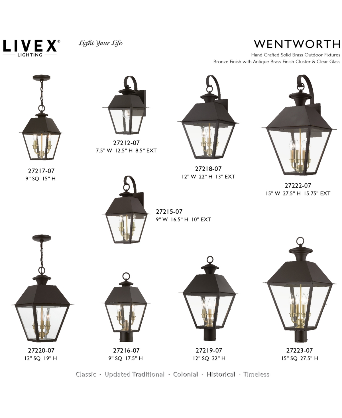 Livex Wentworth 3 Light Outdoor Post Top Lantern - Bronze with Antique Brass