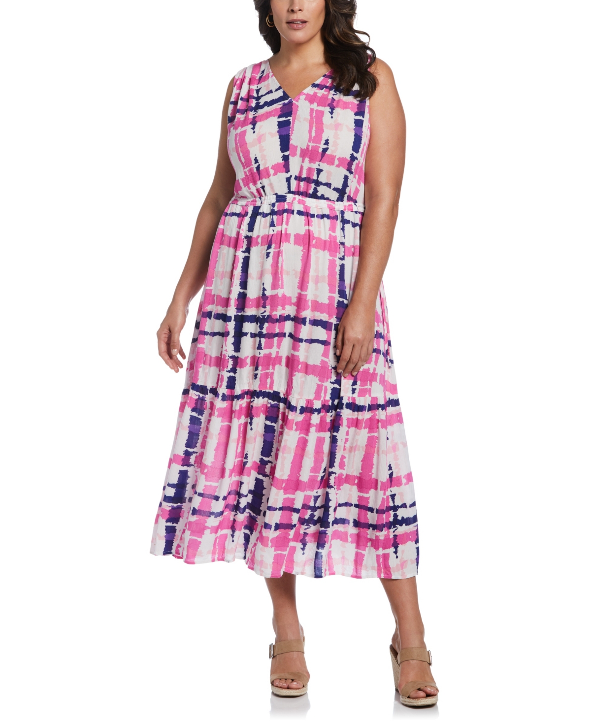 Ella Rafaella Plus Plaid Print V-neck Midi Dress In Strawberry Moon