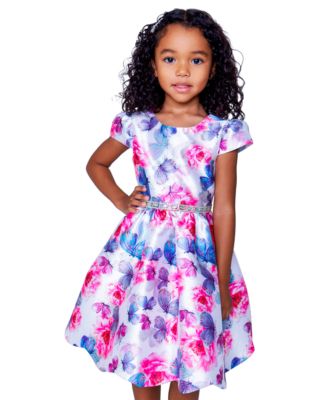 Little Girls Butterfly Printed Mikado Fit and Flare Dress