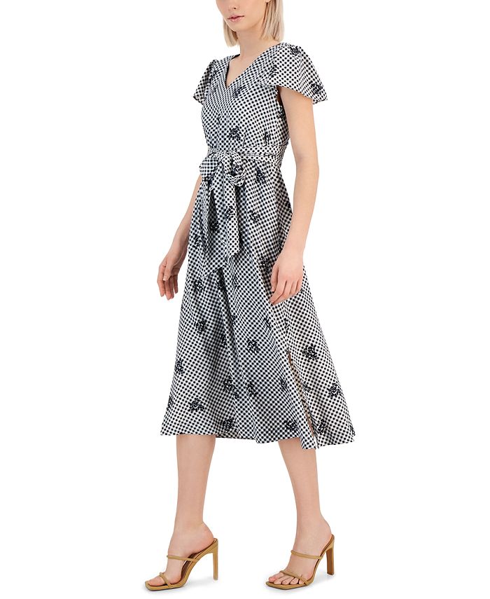 Anne Klein Women's Printed Gingham Flutter-Sleeve Midi Dress - Macy's