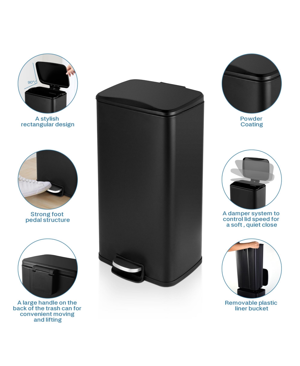 Mega Casa 8 Gal./30 Liter Rectangular Mattstep-on Trash Can for kitchen - Black