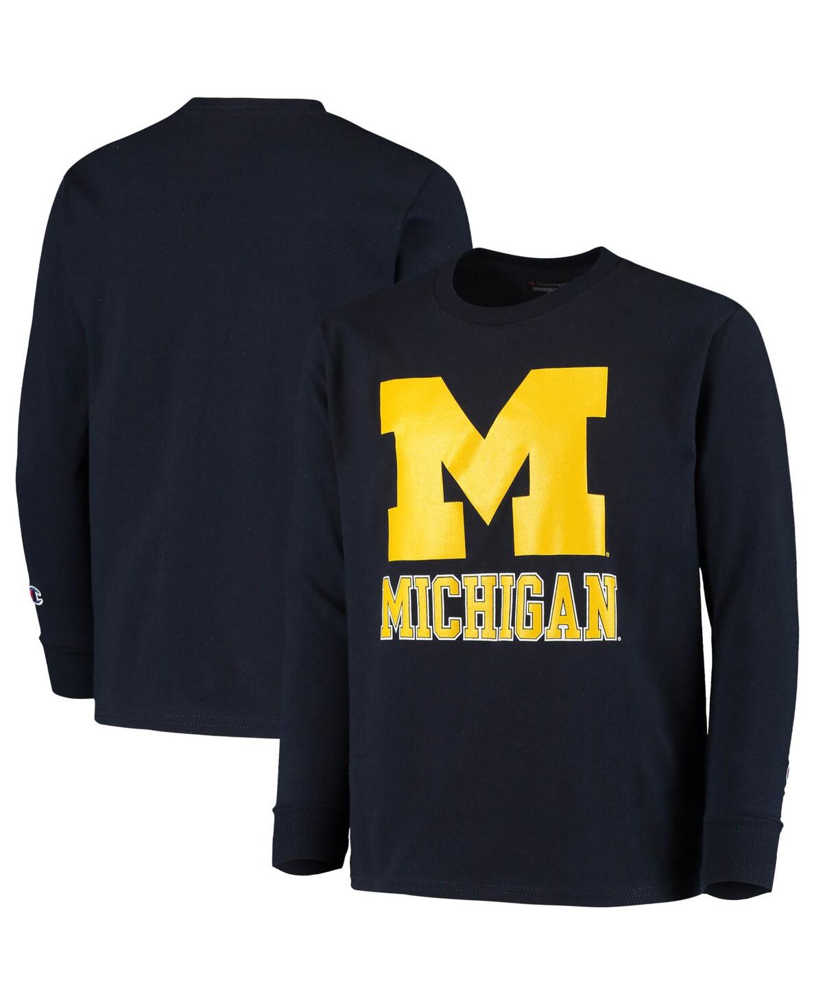 Shop Champion Big Boys And Girls  Navy Michigan Wolverines Lockup Long Sleeve T-shirt