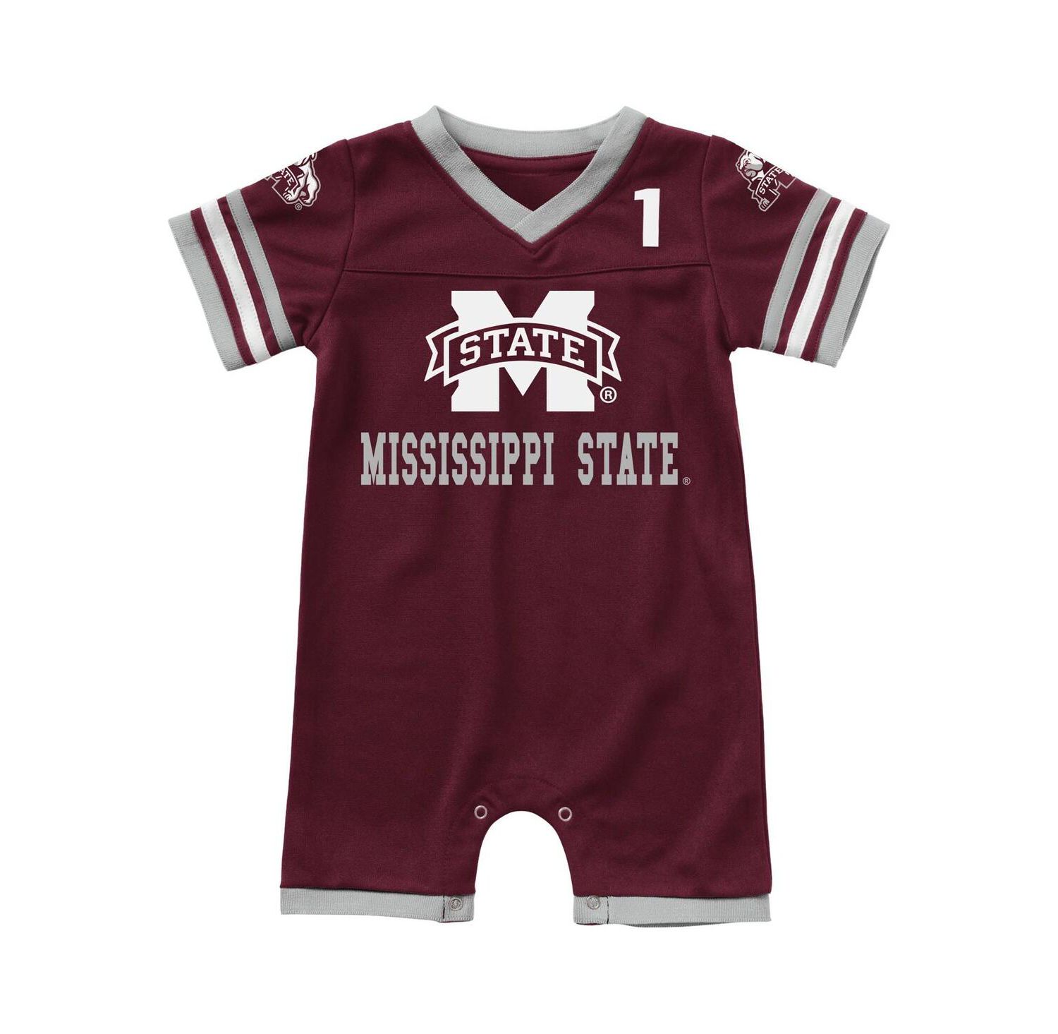 Newborn and Infant Boys and Girls Maroon Mississippi State Bulldogs Bumpo Football Logo Romper