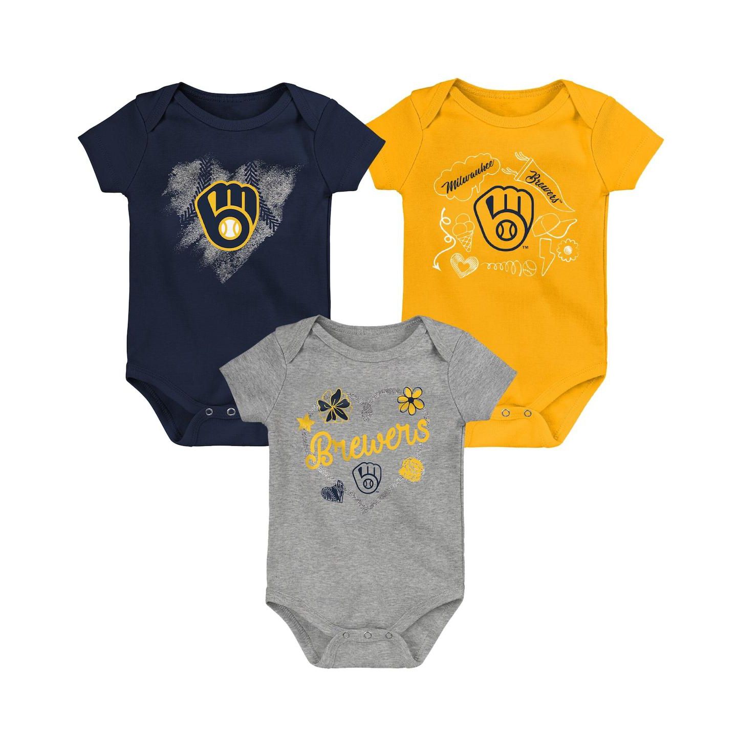 Комплекты Outerstuff Infant Navy, Gold, Heathered Gray Milwaukee Brewers 3-Pack Batter Up Bodysuit Set для девочек-малышей — фото 2