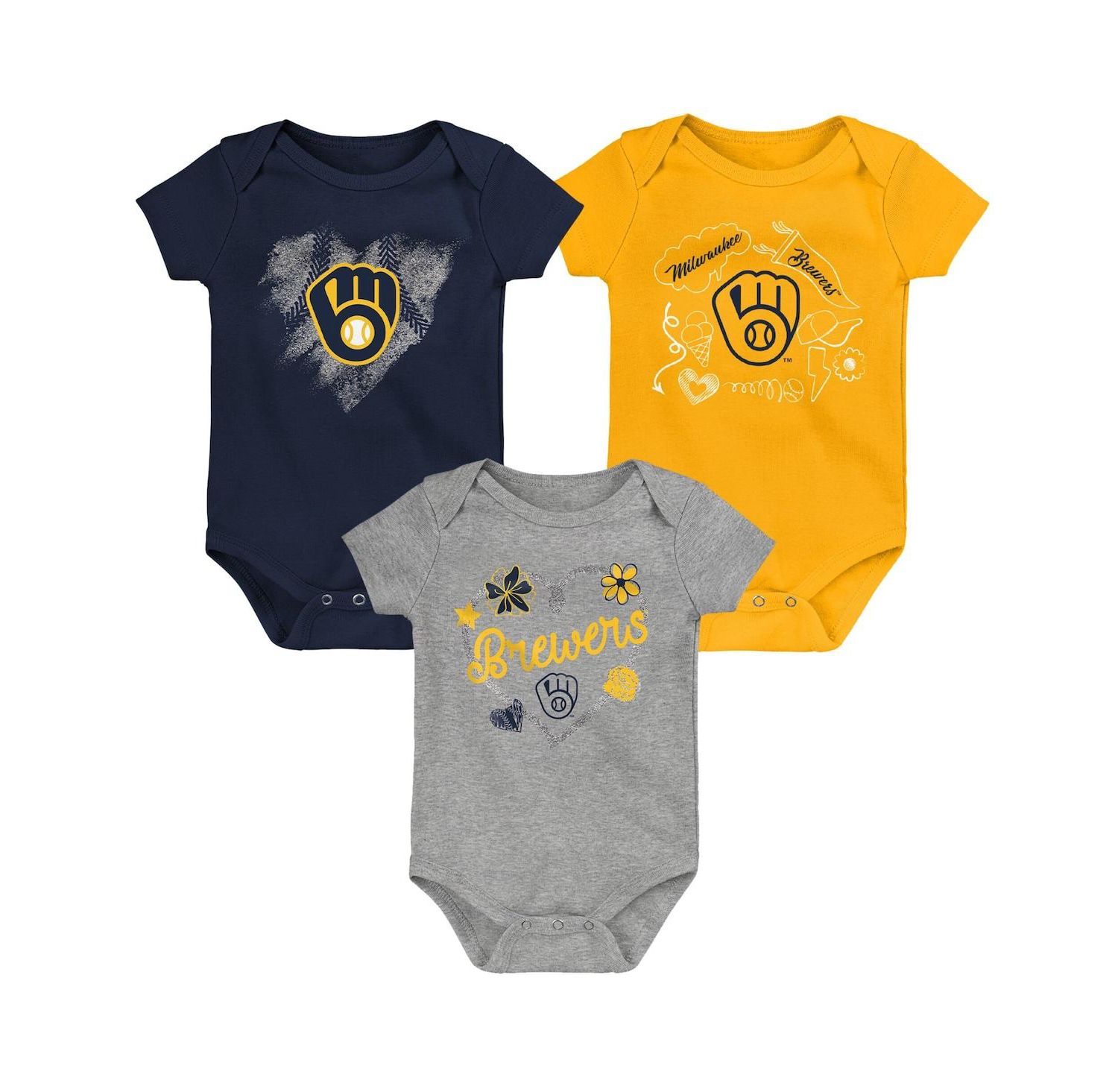Girls Newborn and Infant Navy, Gold, Heathered Gray Milwaukee Brewers 3-Pack Batter Up Bodysuit Set