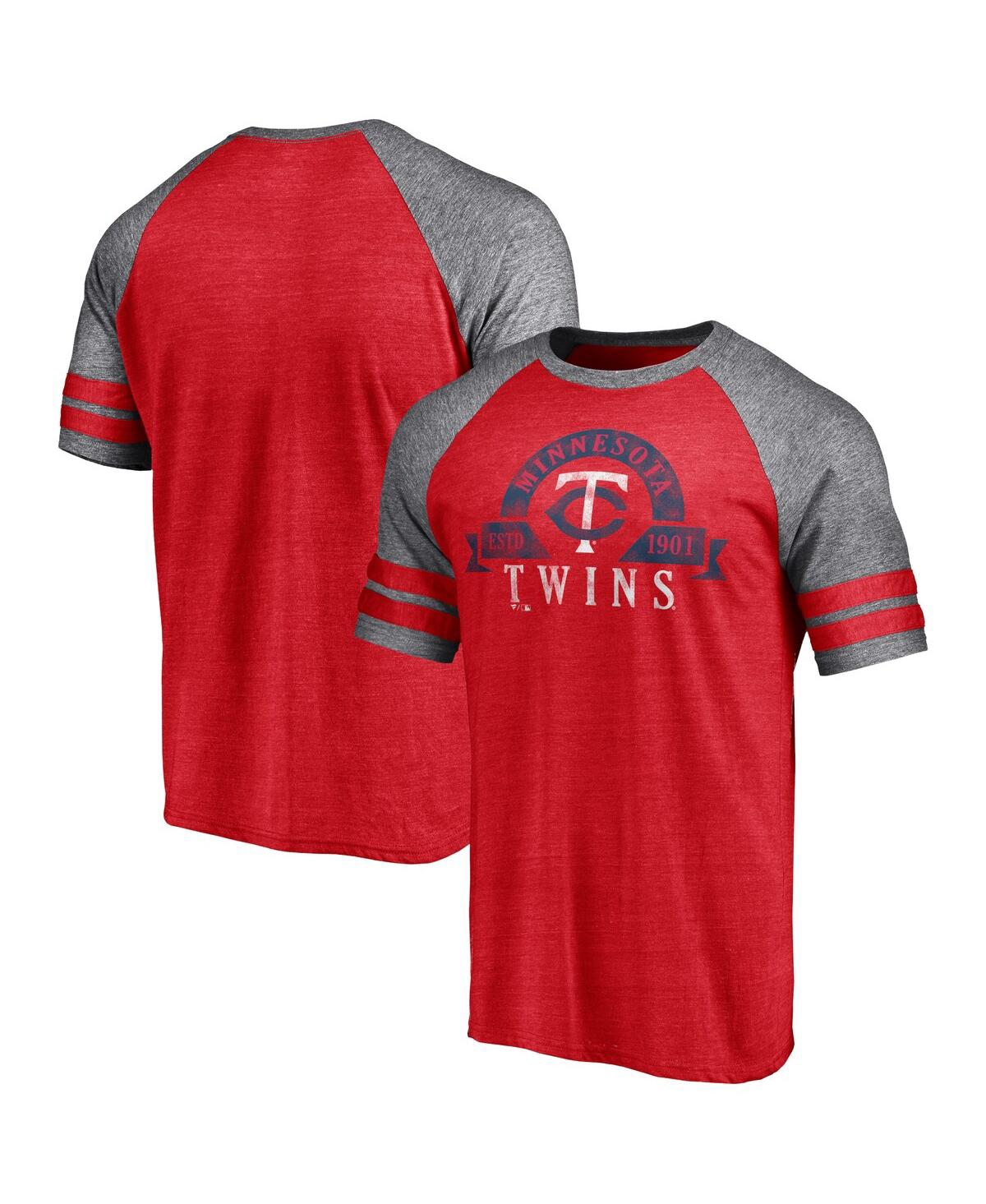 Fanatics Branded Heather Red Minnesota Twins Utility Two-stripe Raglan Tri-blend T-shirt In Heather Red