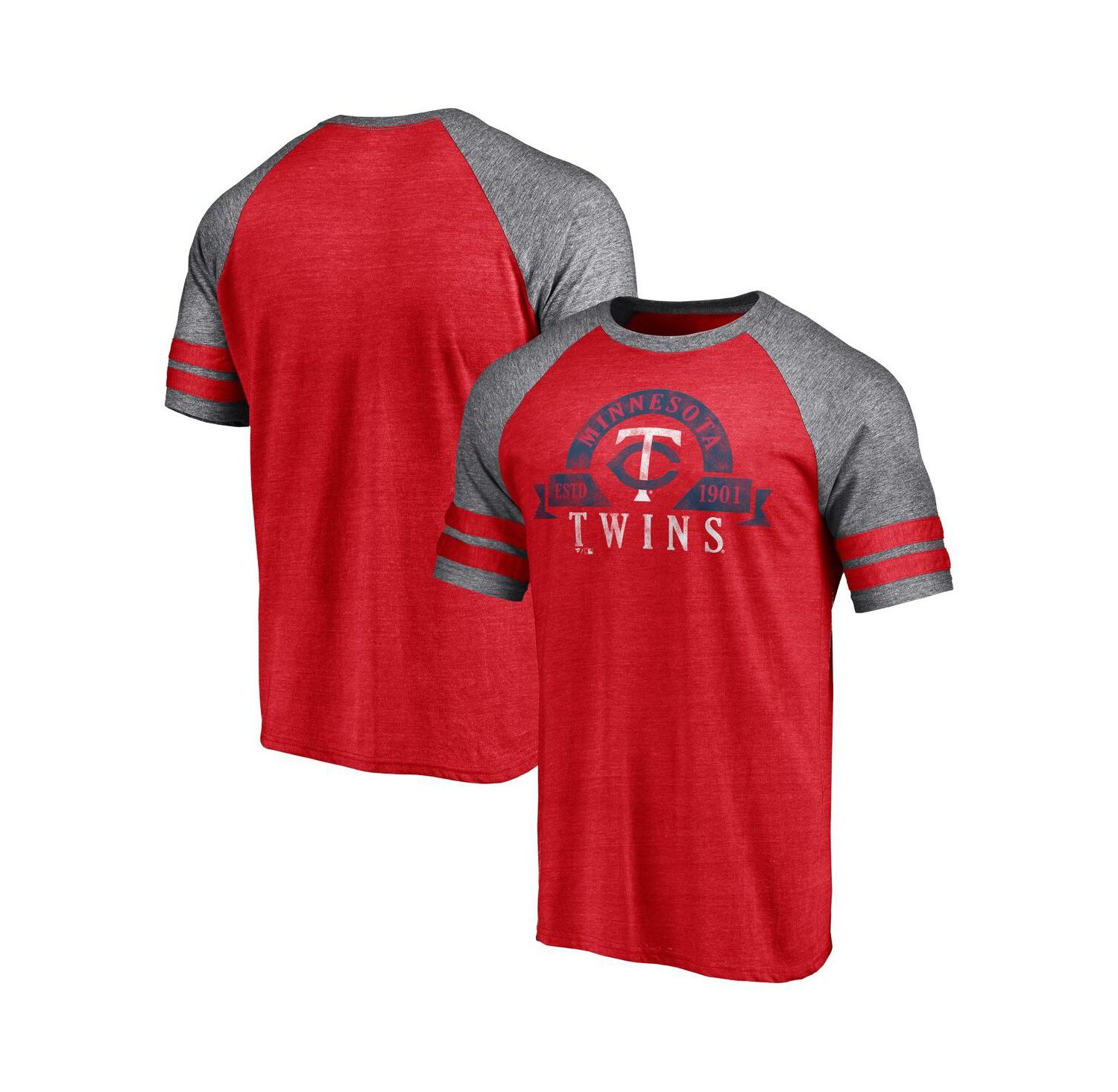 Men's Heather Red Minnesota Twins Utility Two-Stripe Raglan Tri-Blend T-shirt