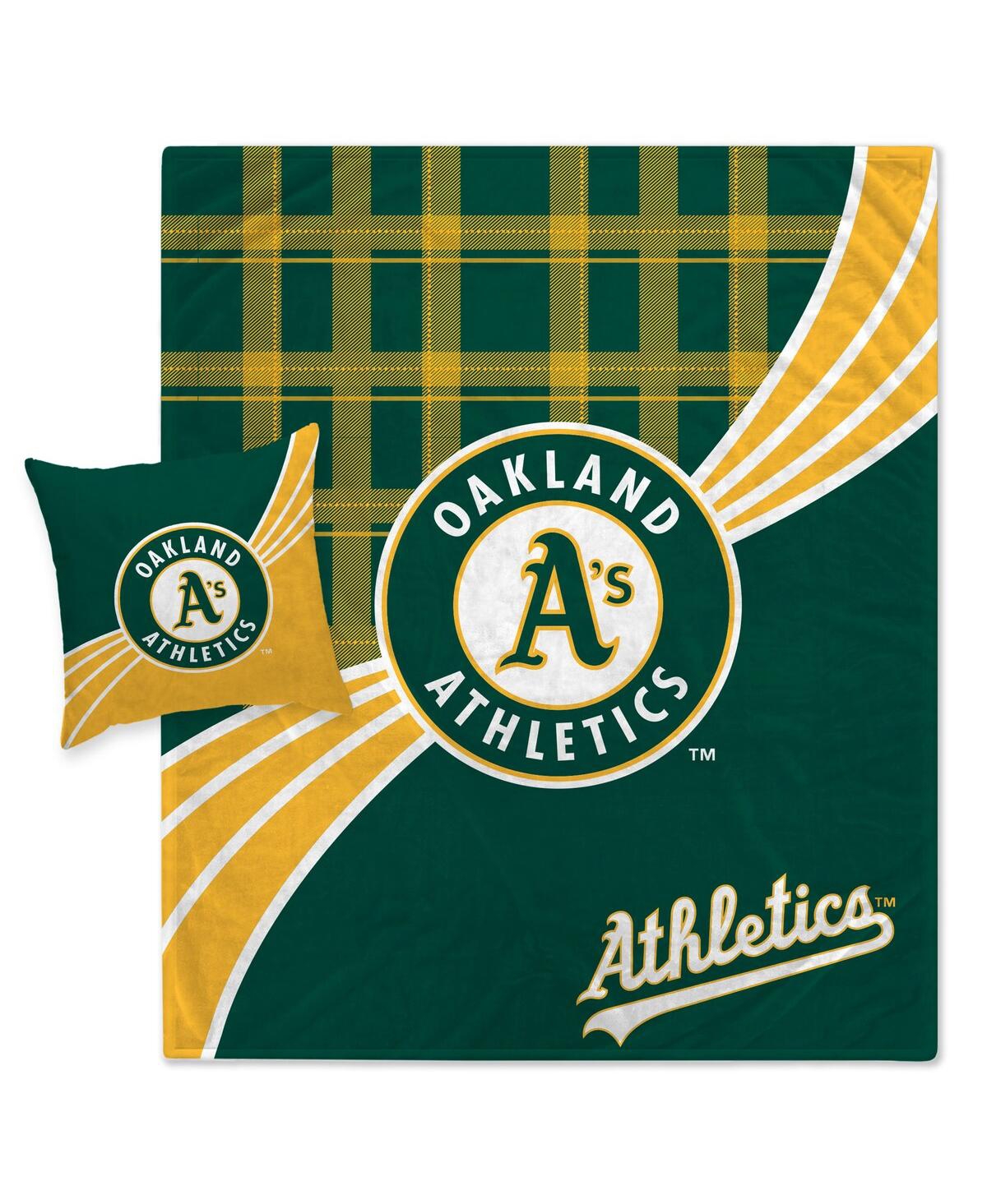 Pegasus Home Fashions Oakland Athletics Plaid Wave Flannel Fleece Blanket And Pillow Combo Set In Midnight Green