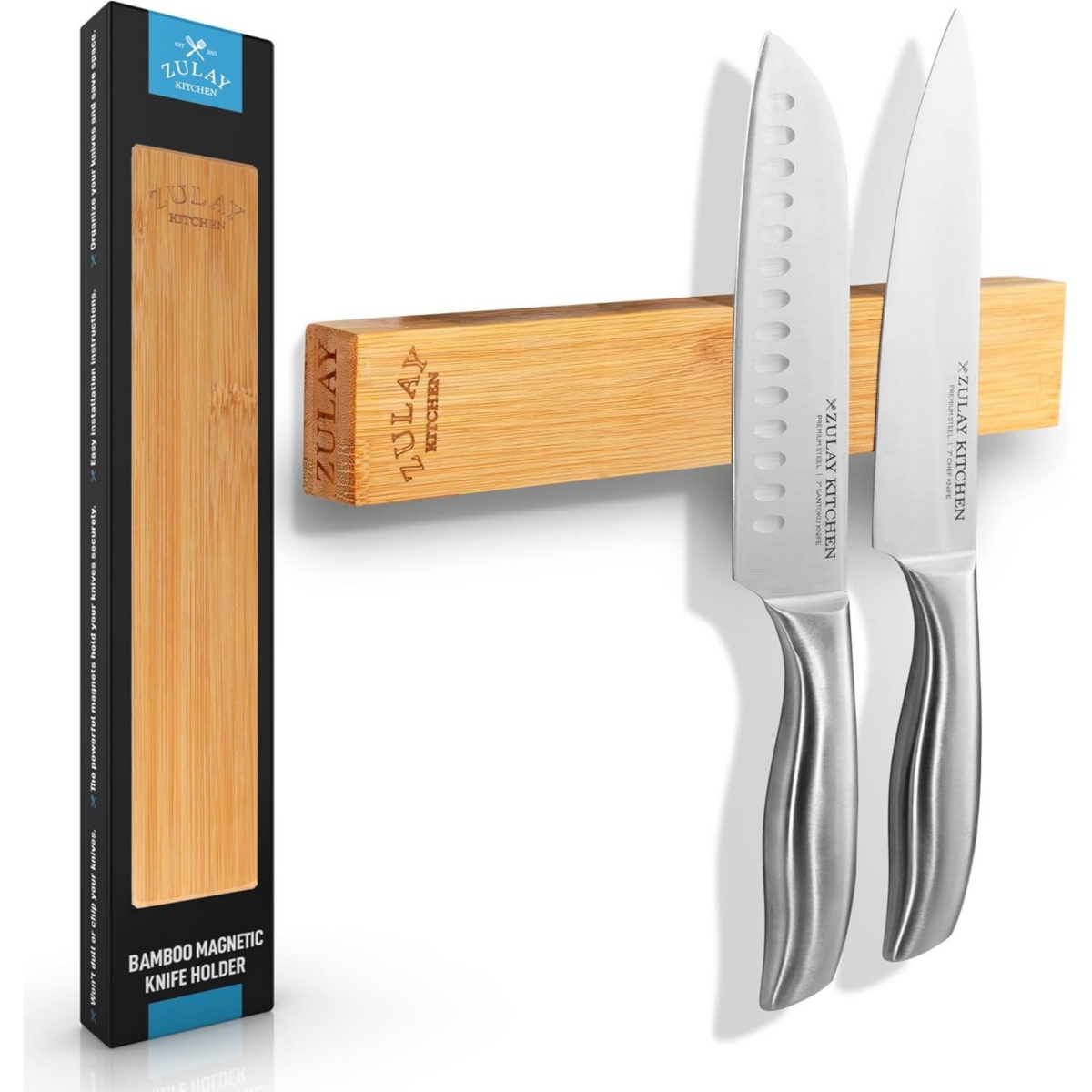 Zulay Kitchen SeamlessWood Magnetic Knife Holder - Wooden Magnetic Knife Strip for Organizing your Kitchen - Bamboo