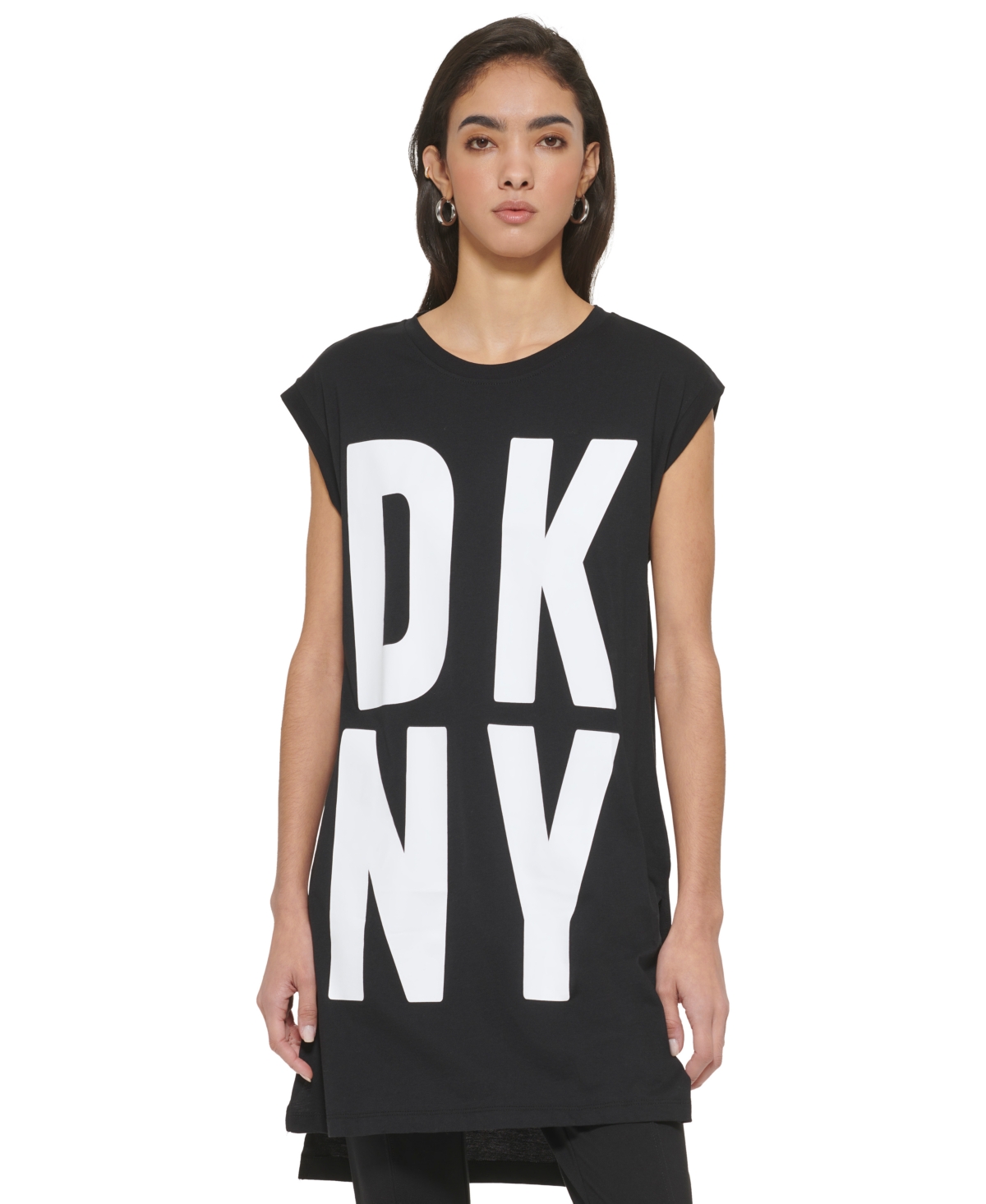 Dkny High-low Logo Tunic In Black,white