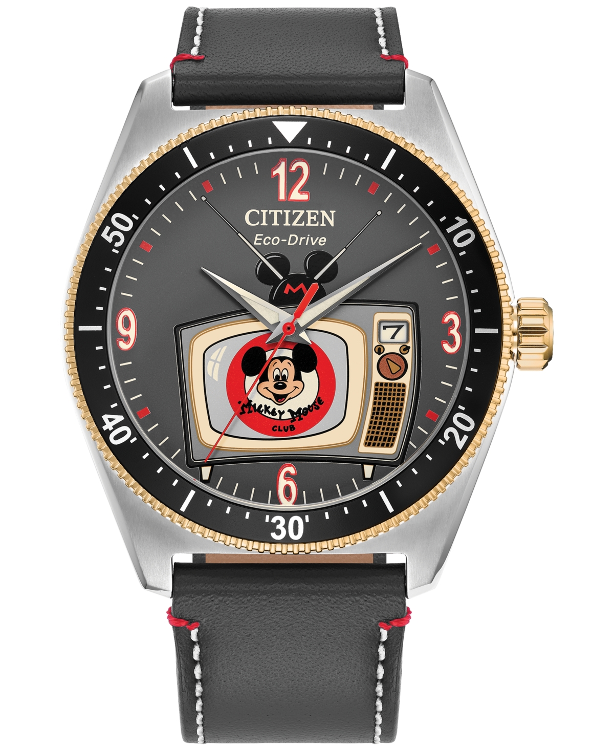 Citizen Eco-drive Men's Mickey Mouse Club Gray Leather Strap Watch 42mm Box Set