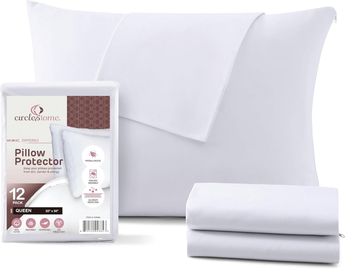 Circles Home 100% Cotton Breathable Pillow Protector with Zipper –(12 Pack) - White
