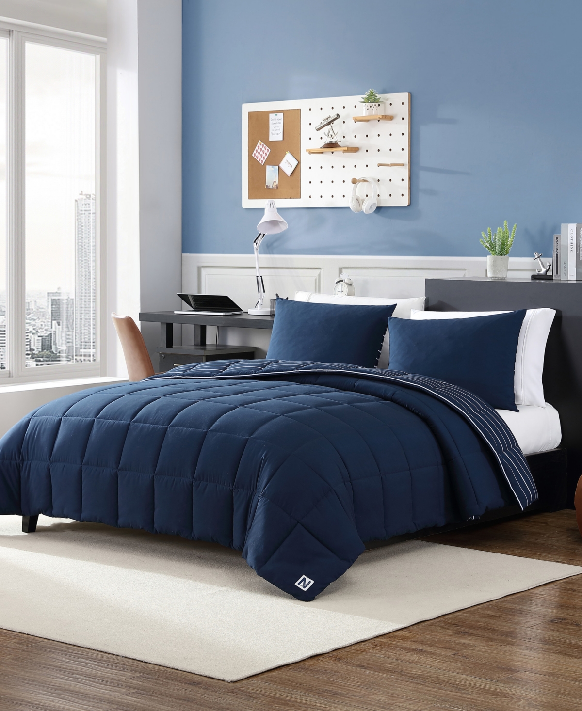 Nautica Longdale Solid Stripe Reversible 3 Piece Comforter, Set, Full/queen In Navy Blue