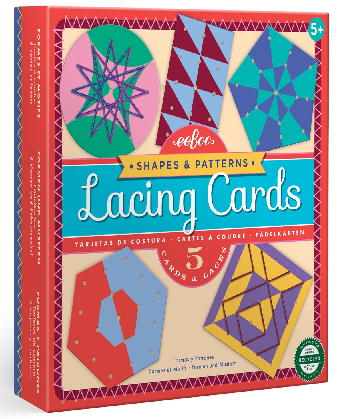 Eeboo Kids' Shapes Patterns Lacing Cards, Set Of 5 In Multi