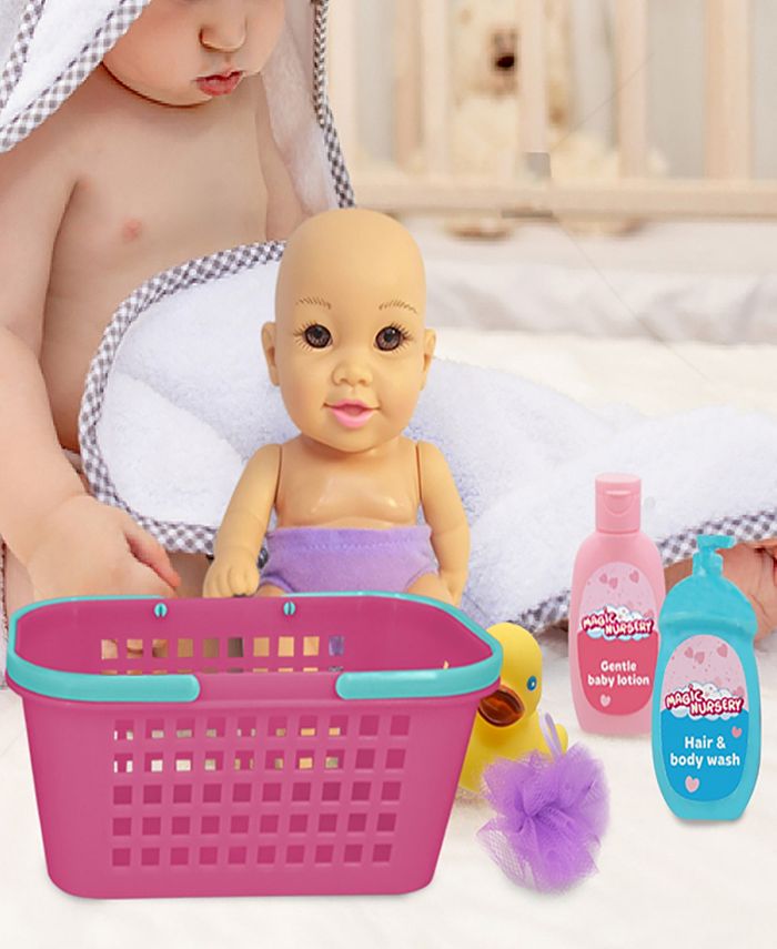 Magic Nursery Bath Caddy 8" Baby Doll Playset Doll With Brown Eyes, New