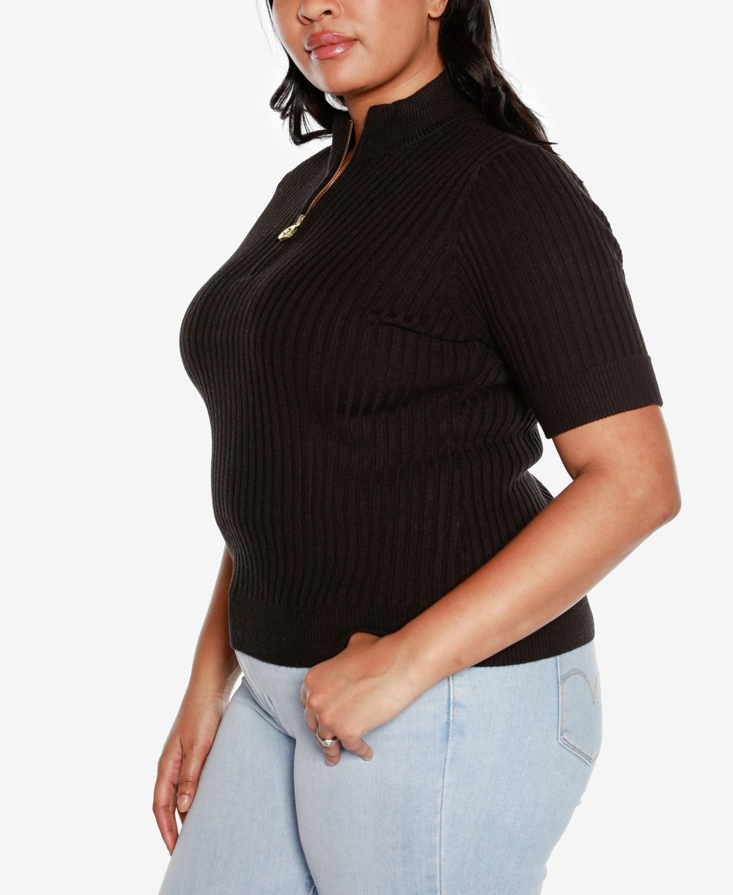 Black Label Plus Size Ribbed Zip Mock Neck Top