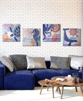 Coastal Ocean Whale Turtle Octopus Seahorse Nautical 4 Piece Beach Themed Canvas Art Set, 20" x 20"