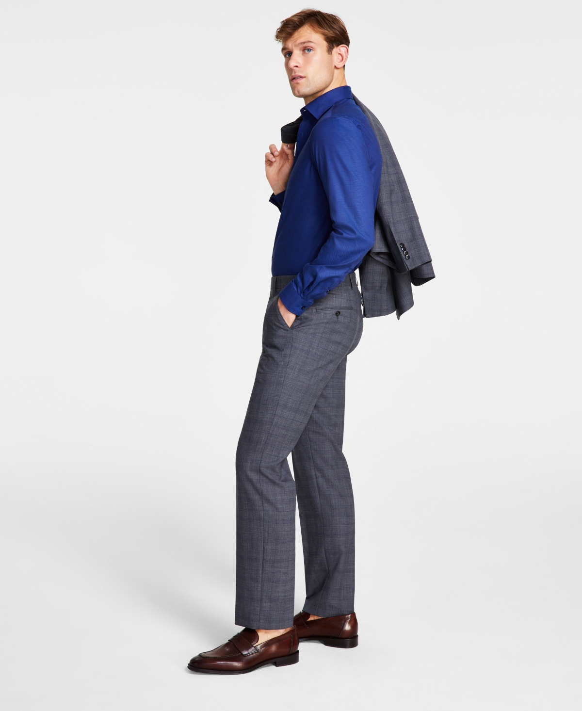 Michael Kors Men's Plaid Classic-fit Wool-blend Stretch Suit Separate Pants In Grey,blue Plaid