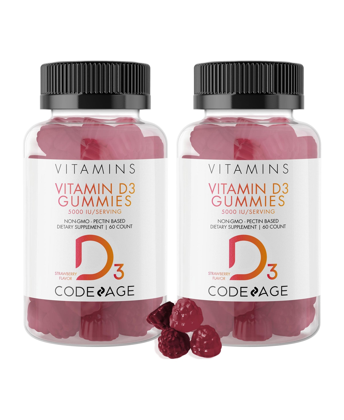 Vitamin D3 Gummies 2-Pack, 5000 Iu, Strawberry Flavored Vitamin Supplement - 60ct - White
