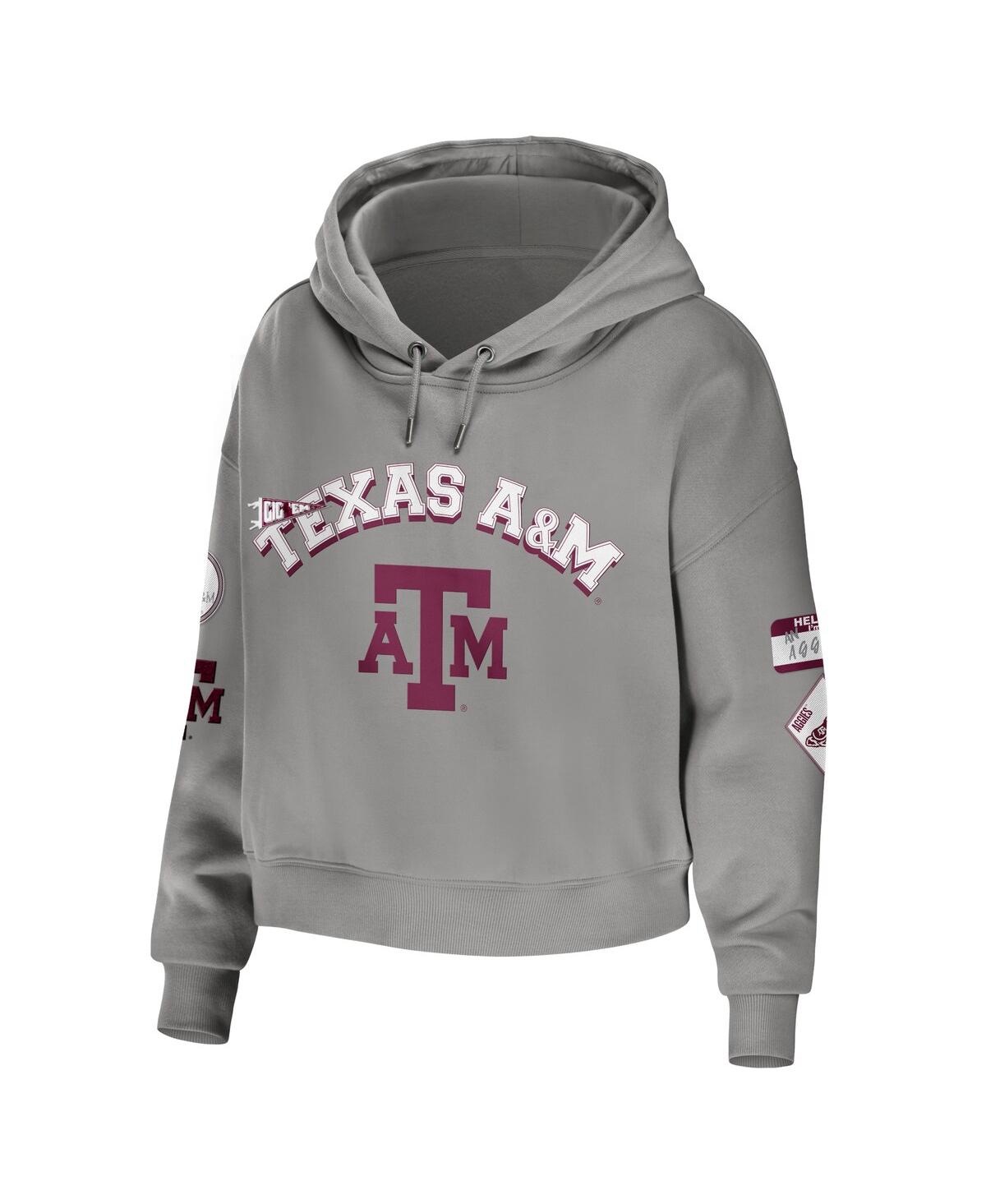 Shop Wear By Erin Andrews Women's  Gray Texas A&m Aggies Mixed Media Cropped Pullover Hoodie