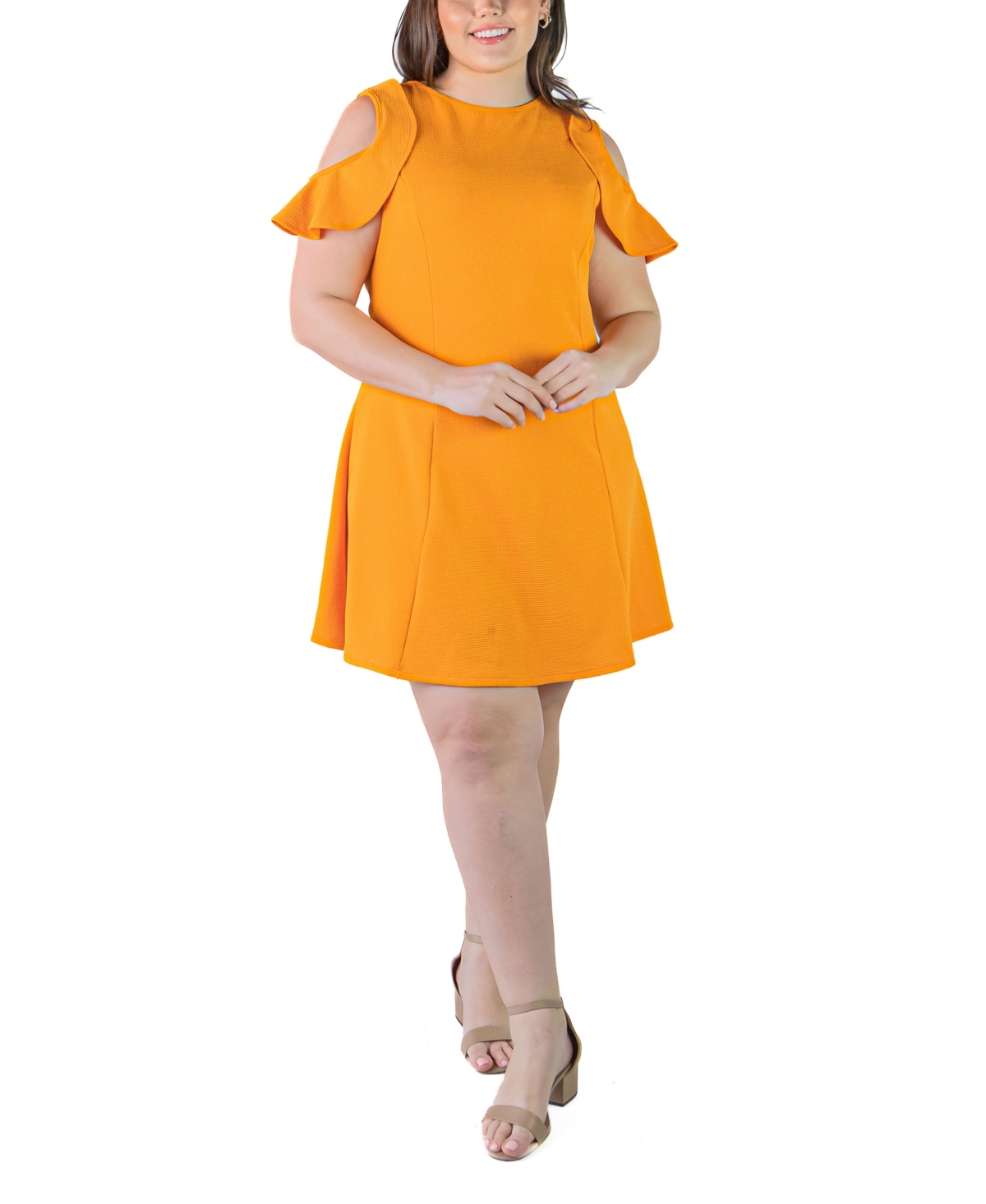 24seven Comfort Apparel Plus Size Ruffle A-line Knee Length Dress In Peach