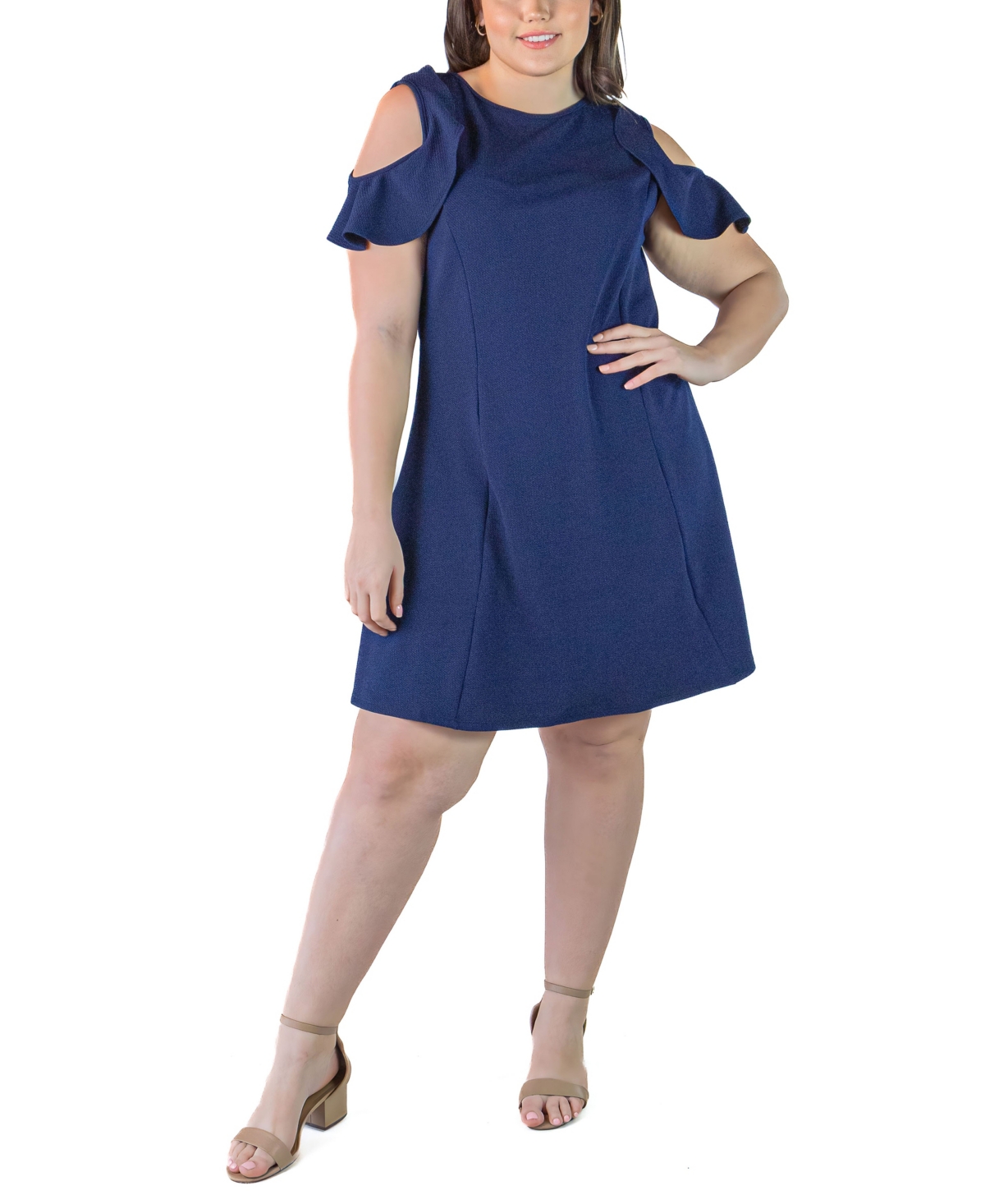 24seven Comfort Apparel Plus Size Ruffle A-line Knee Length Dress In Navy