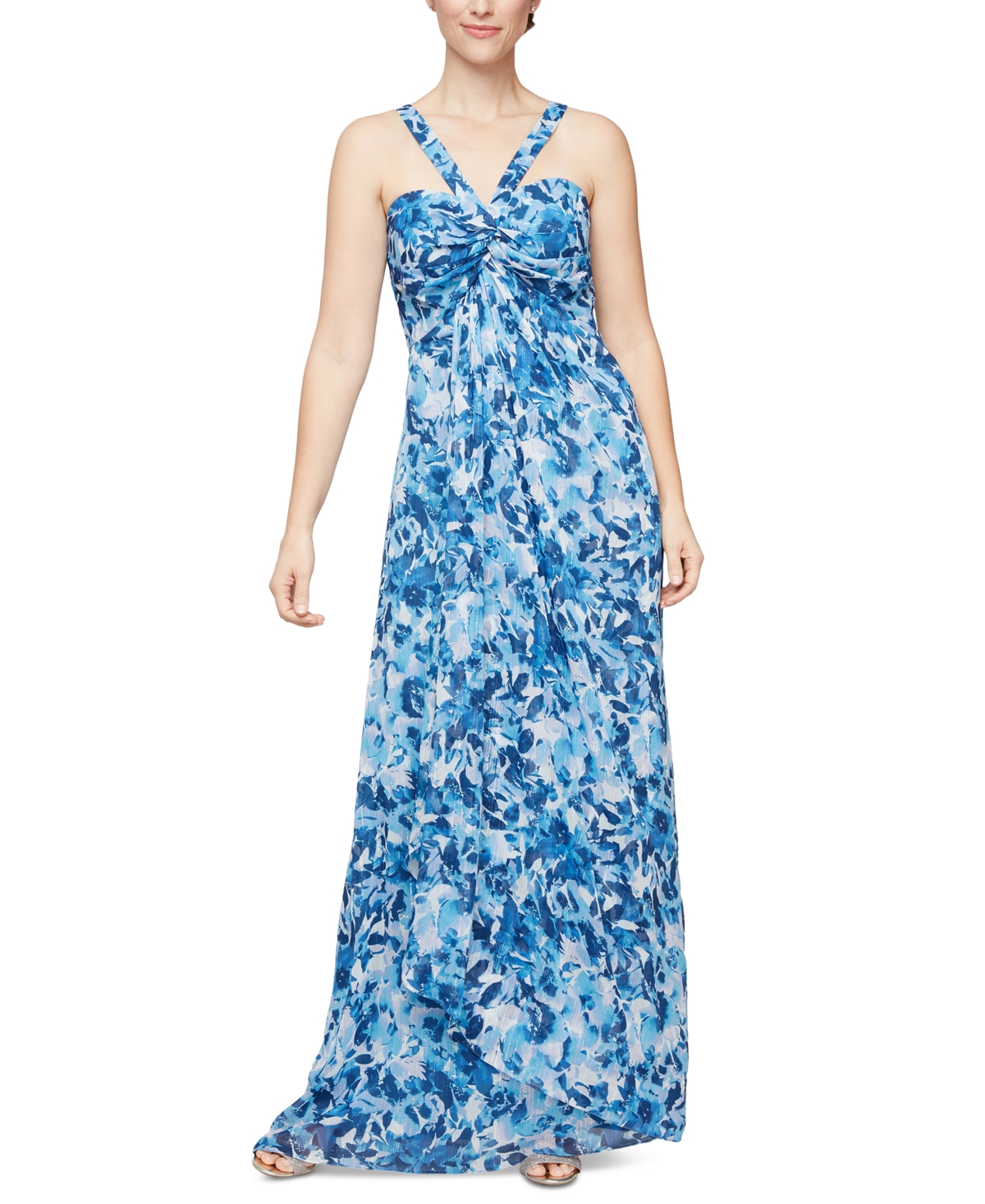 Alex & Eve Women's Floral-print Halter Gown In Blue Multi