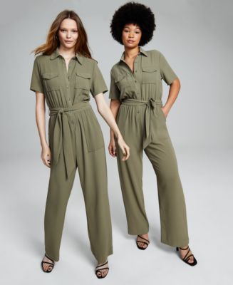 Short Sleeve Twill Belted Cargo Jumpsuit