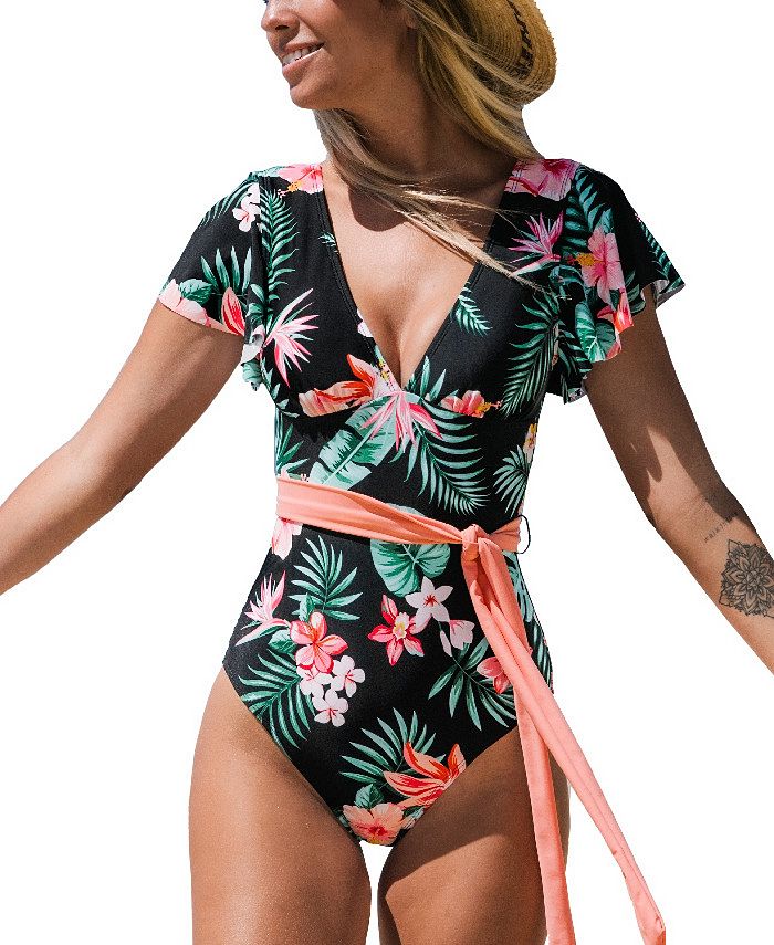 CUPSHE Women's V Neck Ruffle One Piece Swimsuit Tropical Floral Bathing