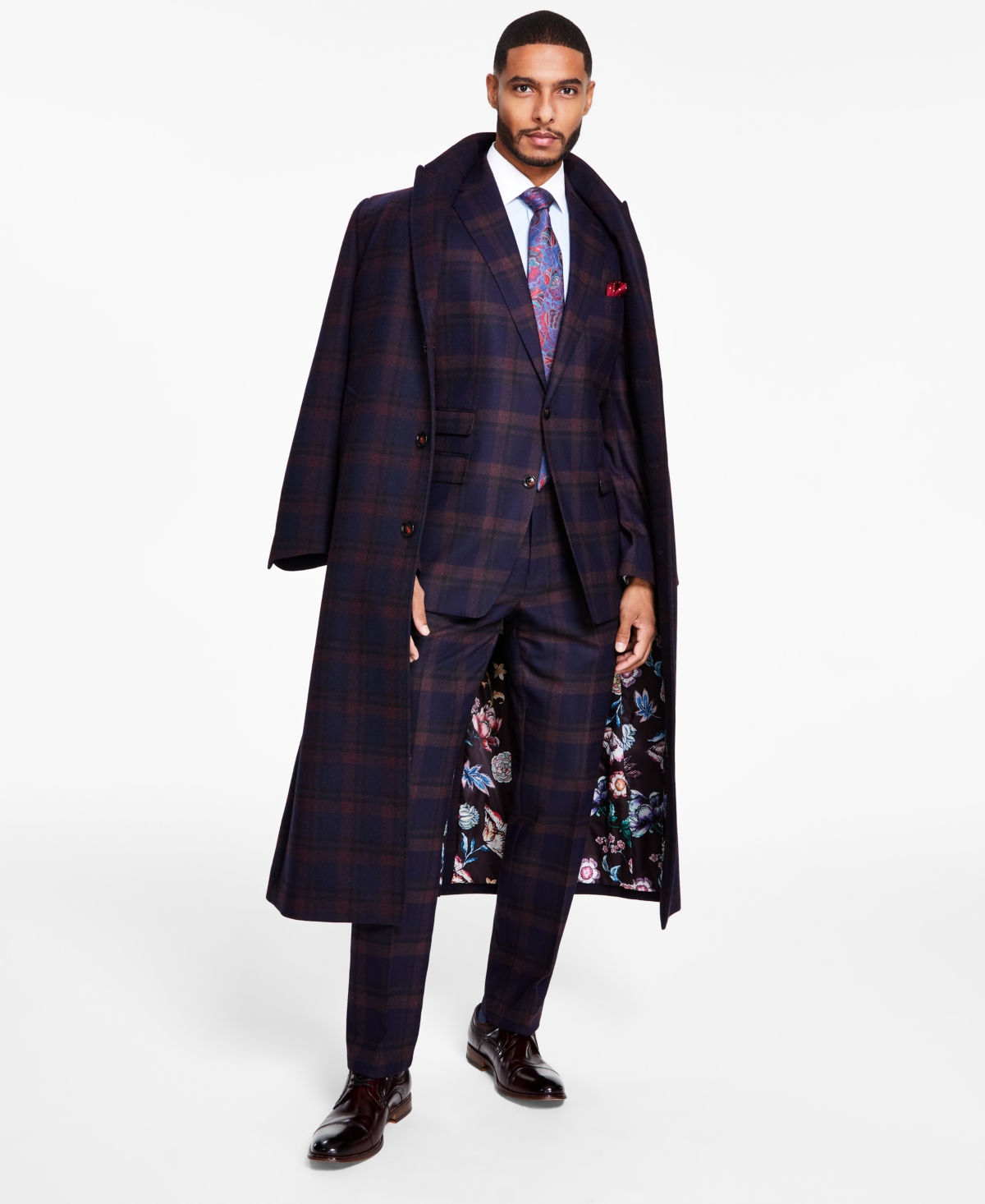 Tayion Collection Men's Classic-Fit Wool Blend Overcoats -burgundy