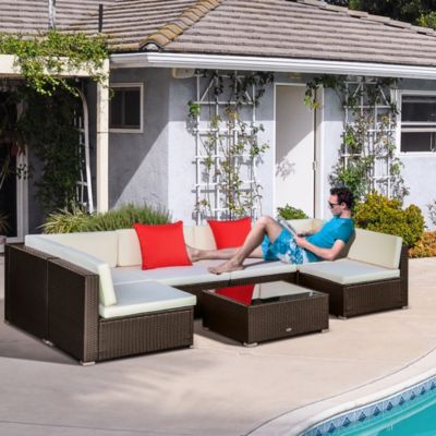 7pcs Outdoor Patio Wicker Conversation Set, Sectional Sofa