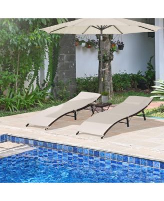 Set of 2 Patio PE Rattan Chaise Lounge Set, 3 Pieces Outdoor Folding Wicker Ledge Loungers Chair with Folding Table, Pillow