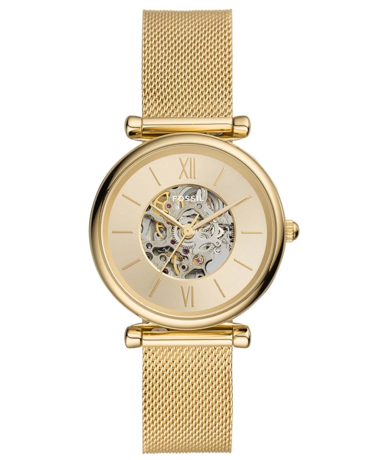 Fossil Women's Carlie Automatic Gold-tone Stainless Steel Mesh Watch, 35mm In Gold Tone