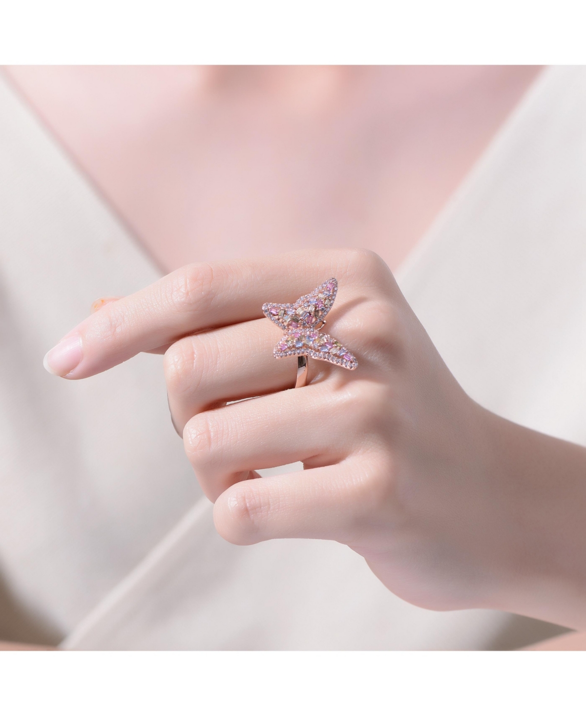 Rachel Glauber Ra 18K Rose Gold Plated Multi Color Cubic Zirconia Butterfly Ring