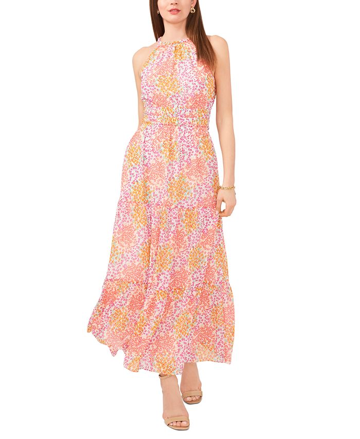 1 state tie neck long sleeve tiered maxi dress