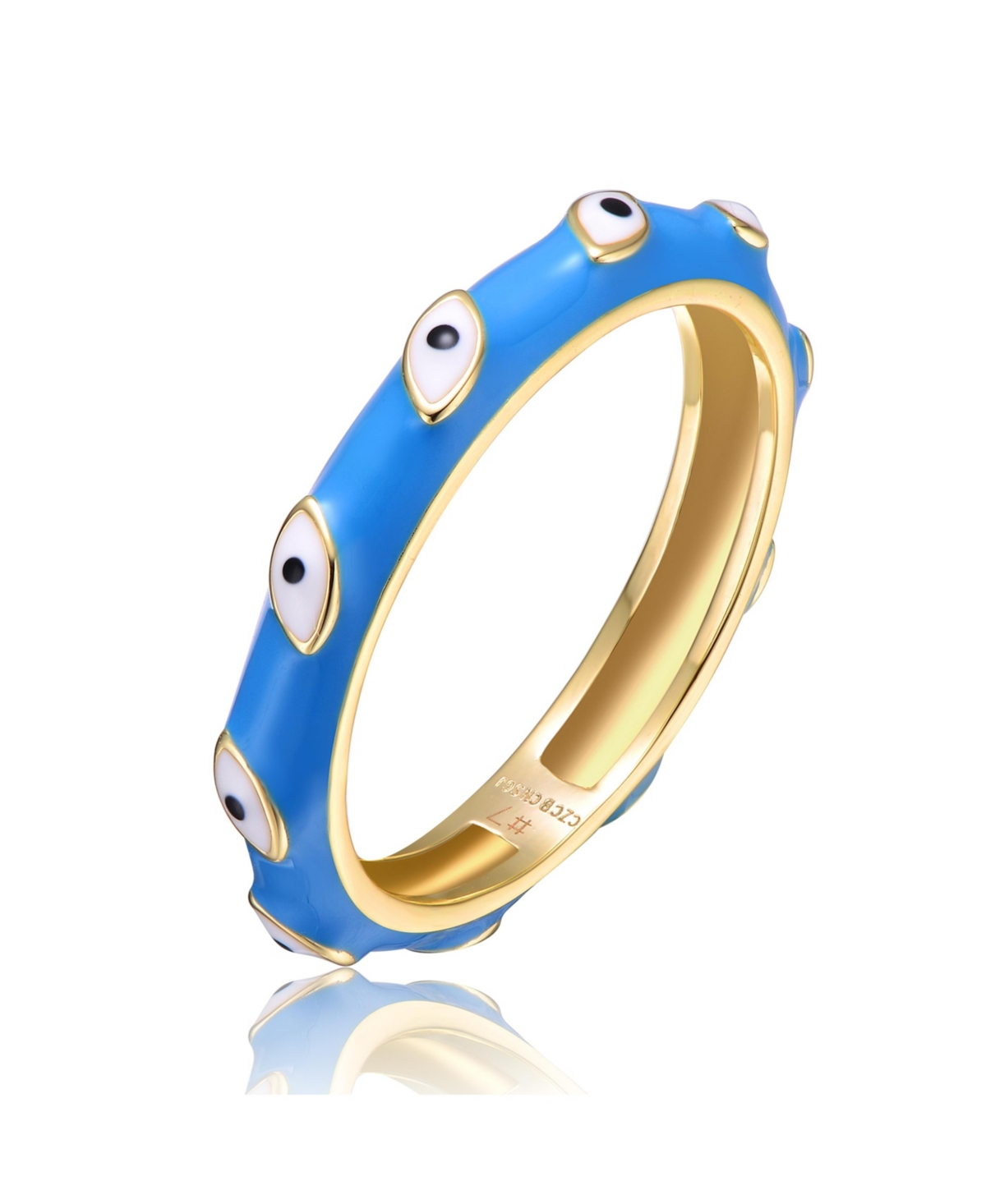 Rachel Glauber Ra Young Adults/Teens 14k Yellow Gold PlatedBamboo White Evil Eye Enamel Slim Stacking Band Ring - Blue