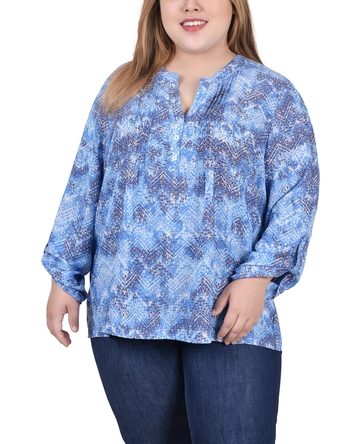 Ny Collection Plus Size Long Roll Tab Sleeve Pintuck Front Blouse In Blue Chevron