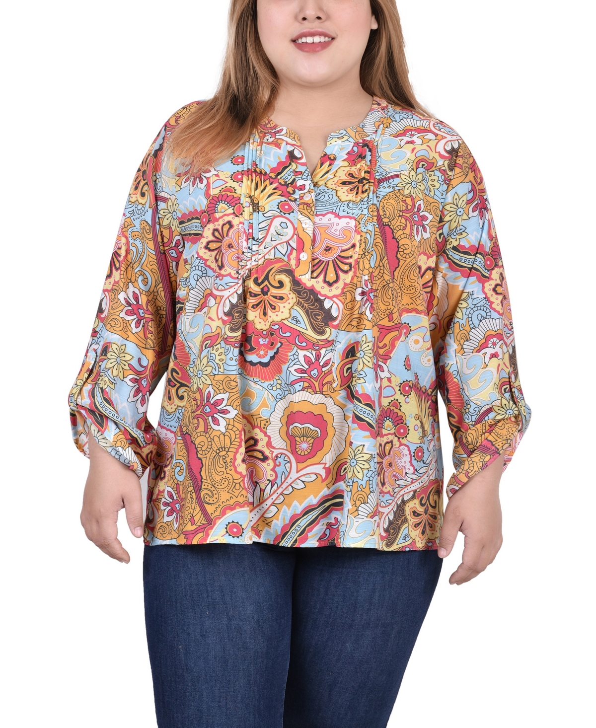 Ny Collection Plus Size Long Roll Tab Sleeve Pintuck Front Blouse In Blue Orange Floral Paisley