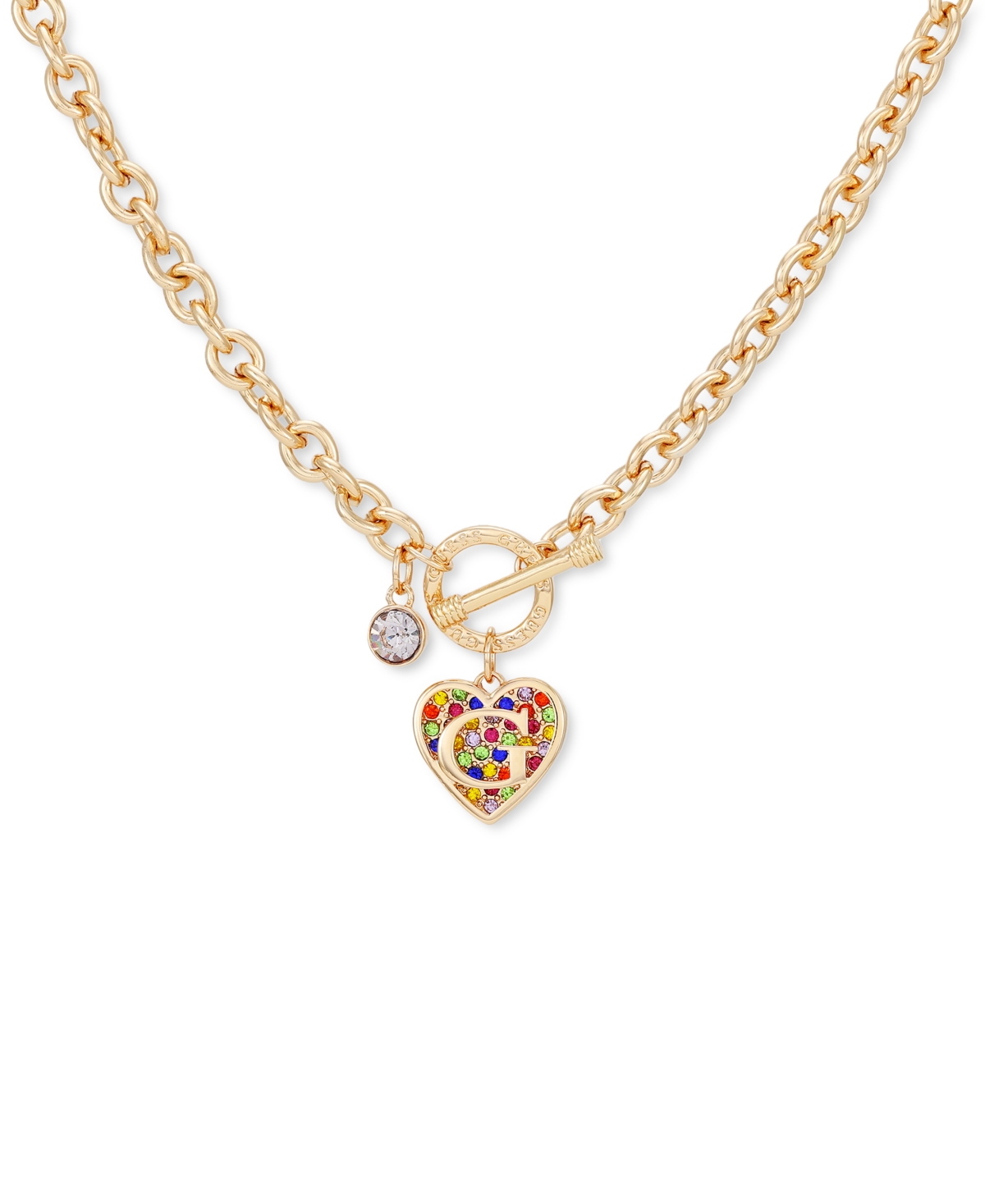 Guess Gold-tone Rainbow Pave Logo Heart 17" Pendant Necklace