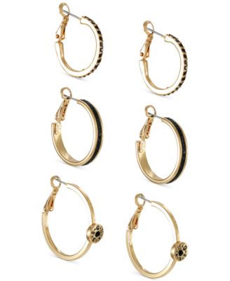 Gold-Tone 3-Pc. Set Jet Pav&eacute; & Glitter Hoop Earrings